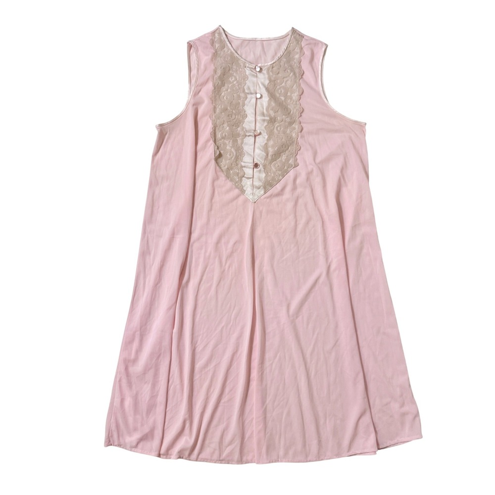 Vintage Nightgown L Pink Vintage Lace Bib Nylon Tricot Sleeveless Sleep Dress